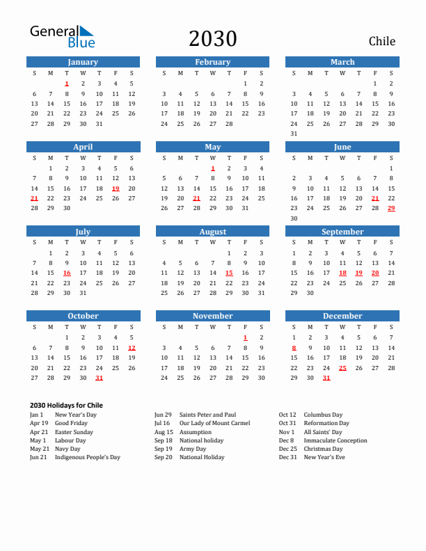 Chile 2030 Calendar with Holidays