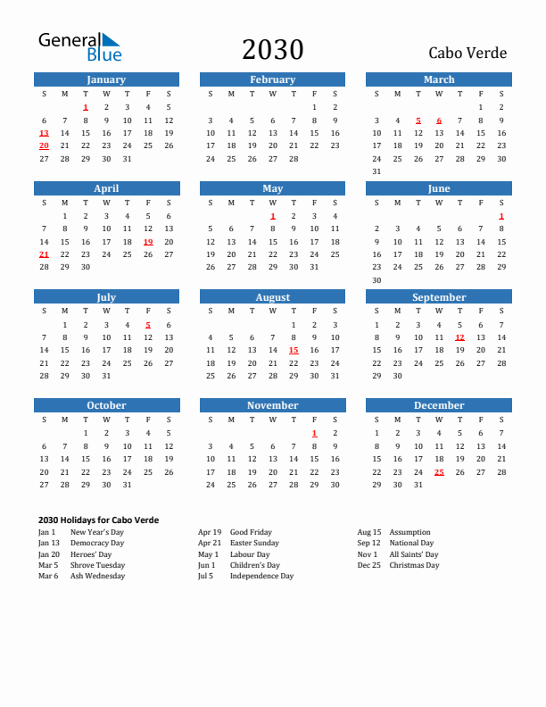 Cabo Verde 2030 Calendar with Holidays