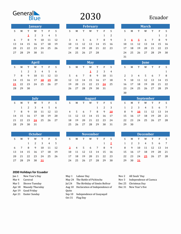 Ecuador 2030 Calendar with Holidays