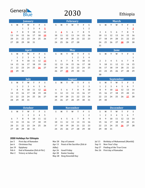 Ethiopia 2030 Calendar with Holidays