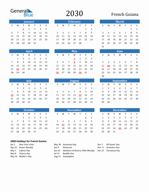 French Guiana 2030 Calendar with Holidays