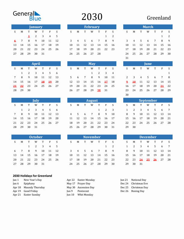 Greenland 2030 Calendar with Holidays