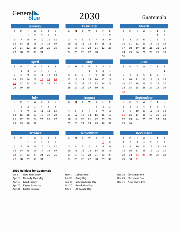 Guatemala 2030 Calendar with Holidays