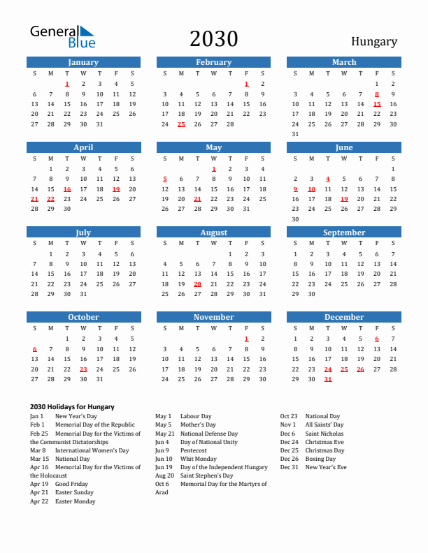 Hungary 2030 Calendar with Holidays