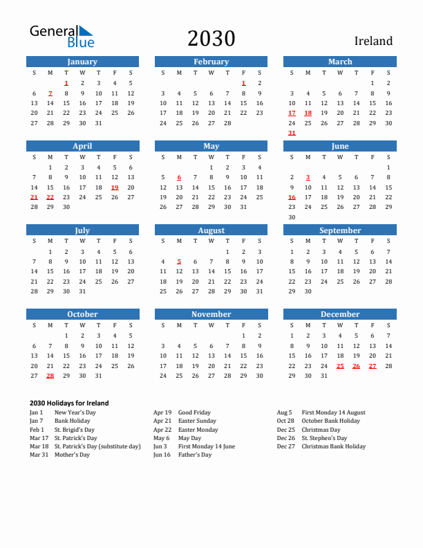 Ireland 2030 Calendar with Holidays