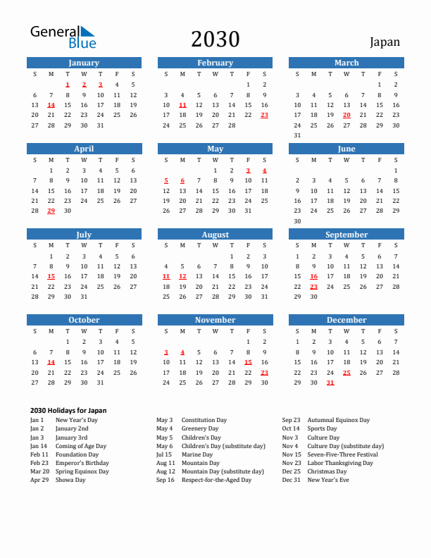 Japan 2030 Calendar with Holidays