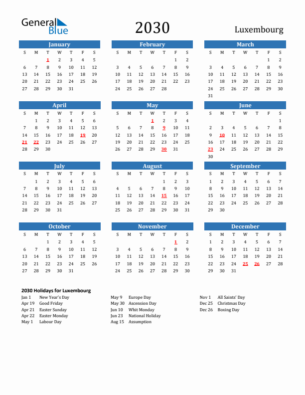 Luxembourg 2030 Calendar with Holidays