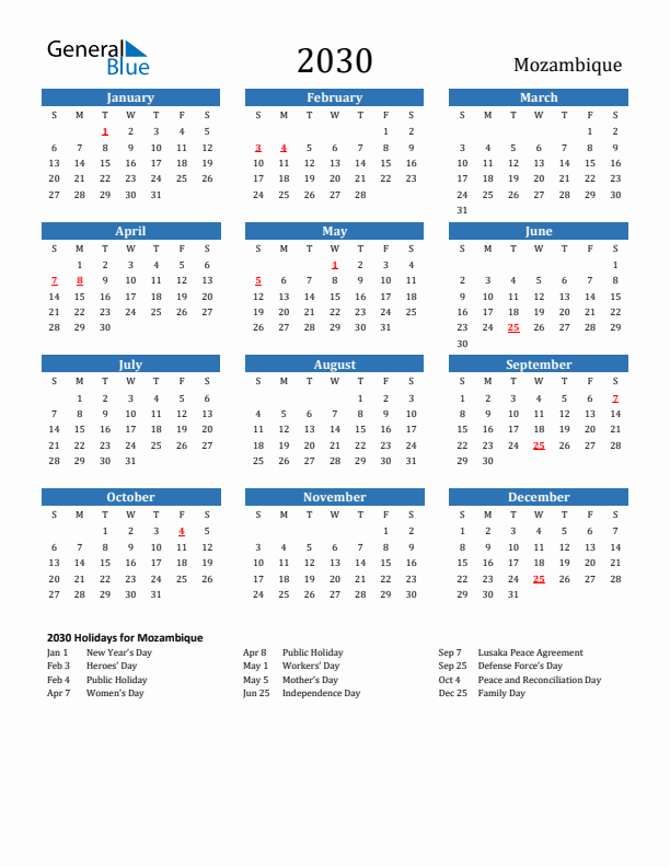 Mozambique 2030 Calendar with Holidays