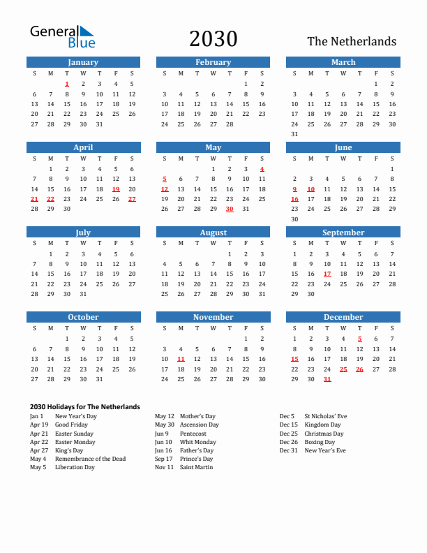 The Netherlands 2030 Calendar with Holidays