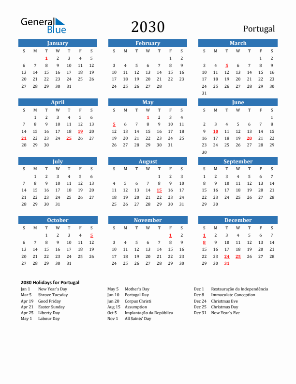 Portugal 2030 Calendar with Holidays