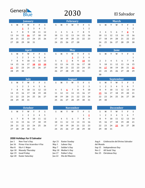 El Salvador 2030 Calendar with Holidays