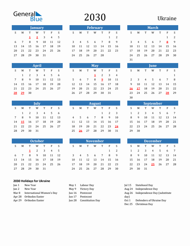 Ukraine 2030 Calendar with Holidays