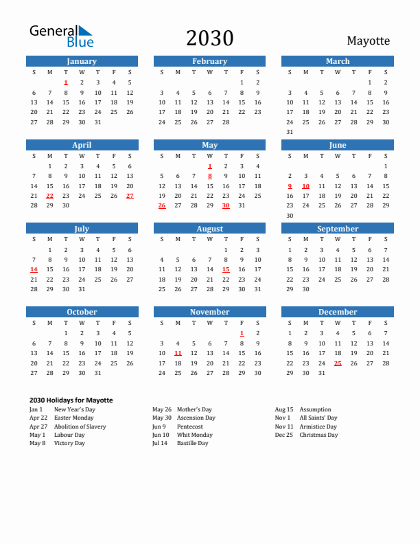 Mayotte 2030 Calendar with Holidays