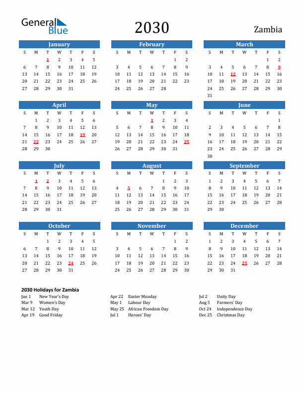 Zambia 2030 Calendar with Holidays