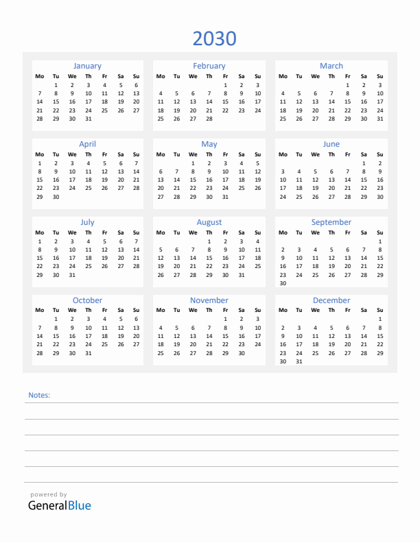 2030 Yearly Calendar Template with Notes Section (PDF Excel Word)