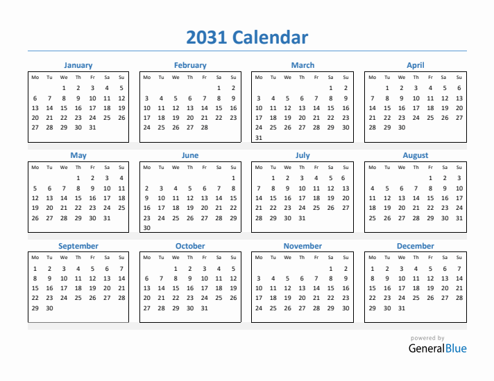 2031 Simple Yearly Calendar (PDF Excel Word)