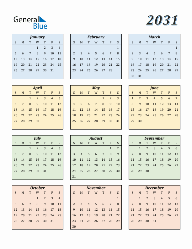 Calendar for 2031 (Sunday Start)