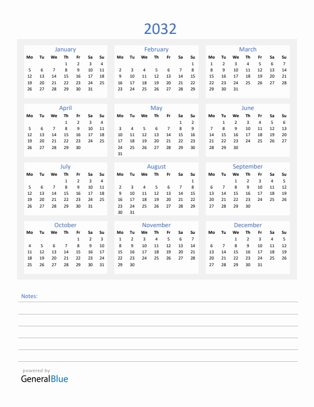 2032 Yearly Calendar Template with Notes Section (PDF Excel Word)