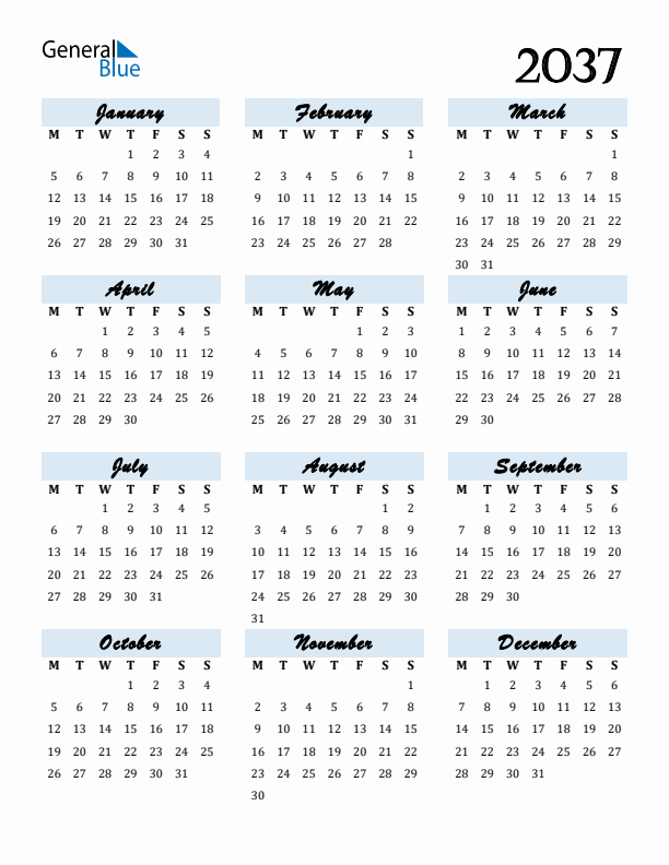 Calendar 2037 Free Download and Print