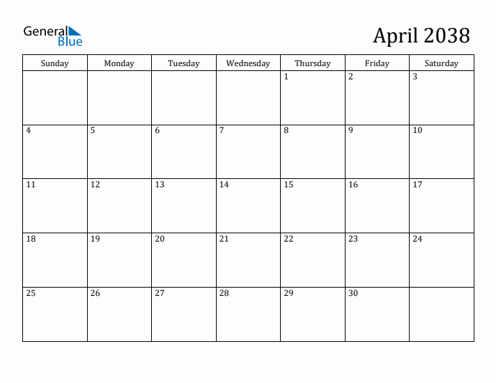 April 2038 Calendar