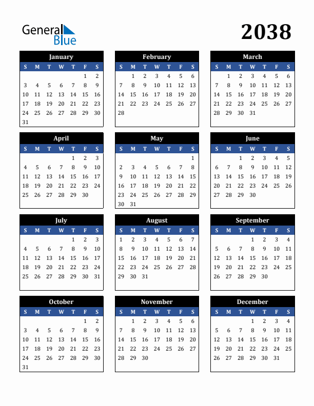 Editable Calendar 2038 - Sunday Start