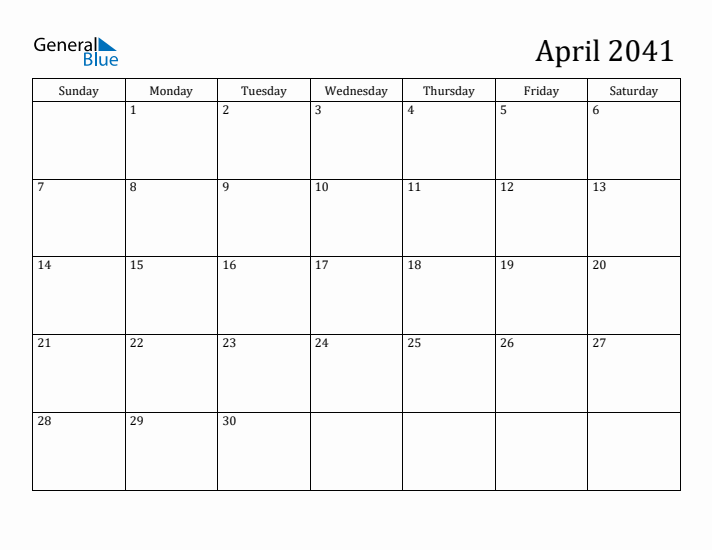 April 2041 Calendar