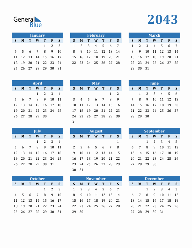 2043 Year Calendar with Sunday Start