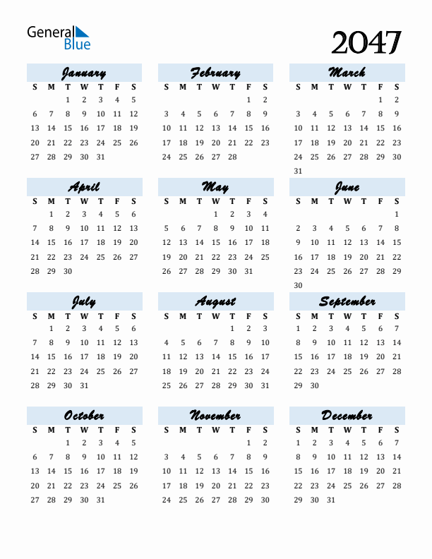 Calendar 2047 Free Download and Print