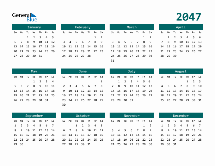 Downloadable 2047 Calendar