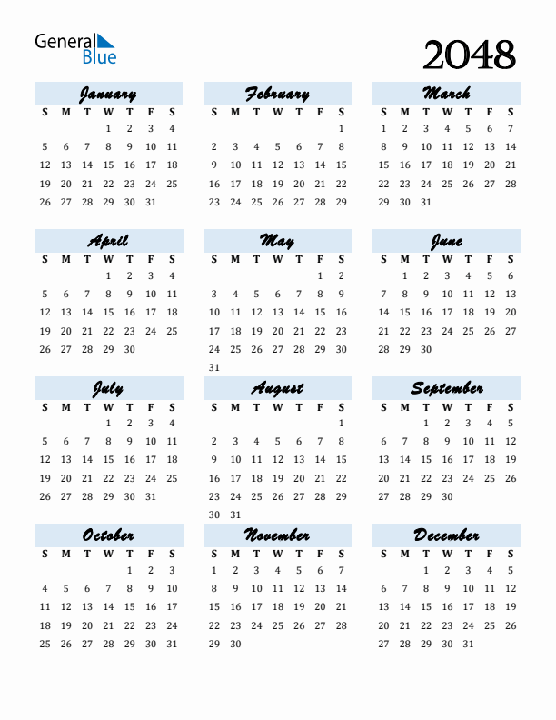 Calendar 2048 Free Download and Print