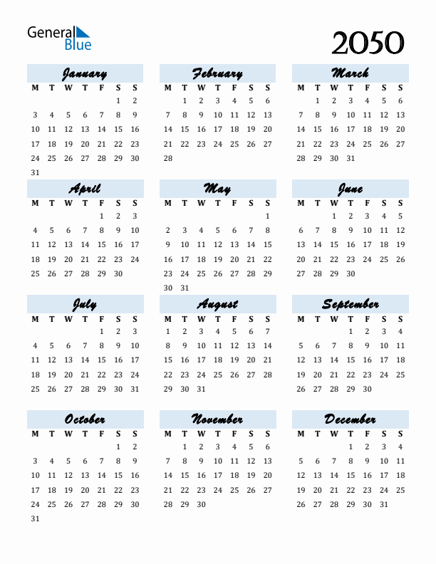 Calendar 2050 Free Download and Print