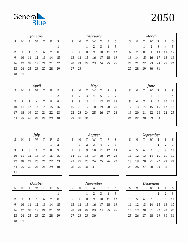 Blank Calendar 2050