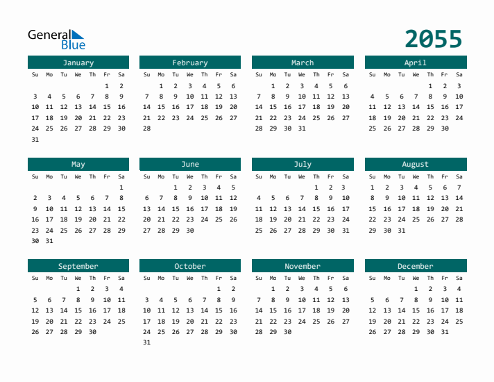 Downloadable 2055 Calendar