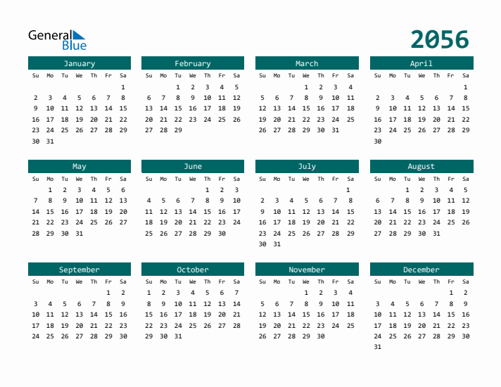 Downloadable 2056 Calendar