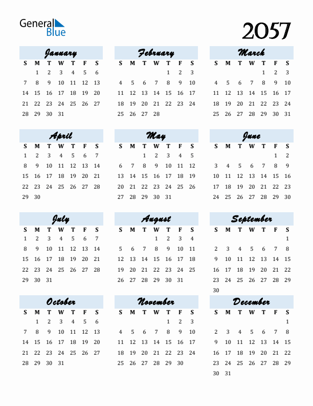 Calendar 2057 Free Download and Print