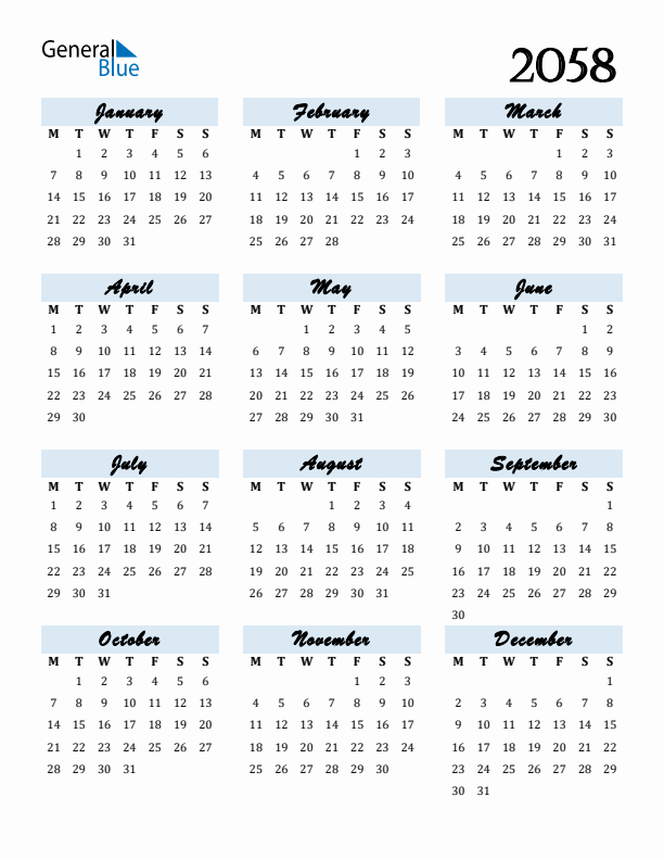 Calendar 2058 Free Download and Print