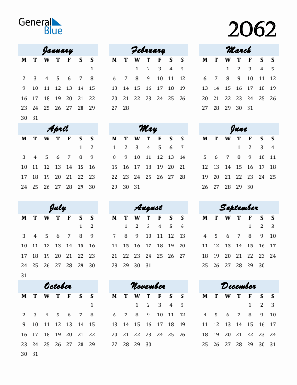 Calendar 2062 Free Download and Print