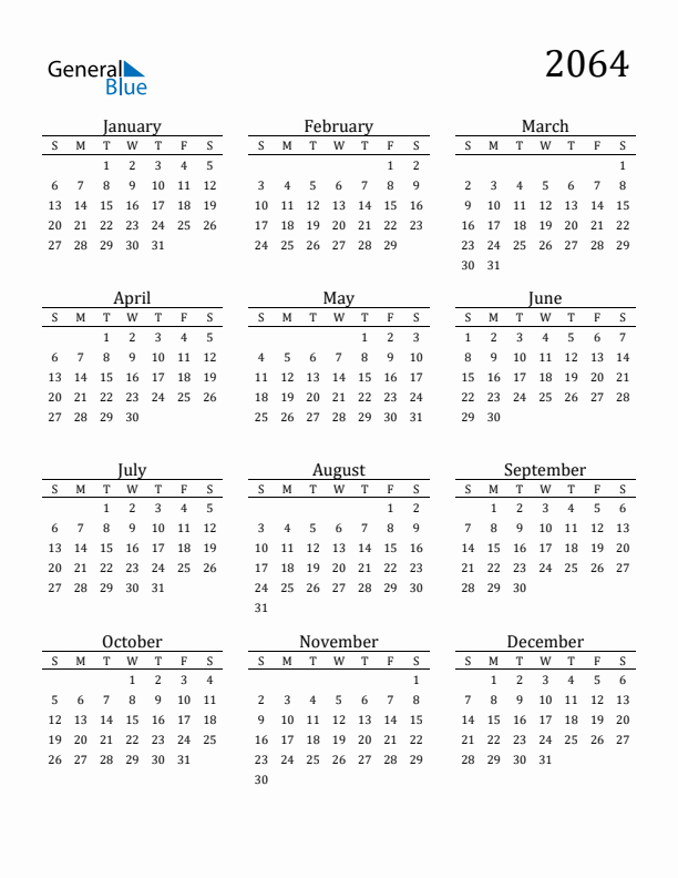 Free Printable Calendar 2064 with Sunday Start