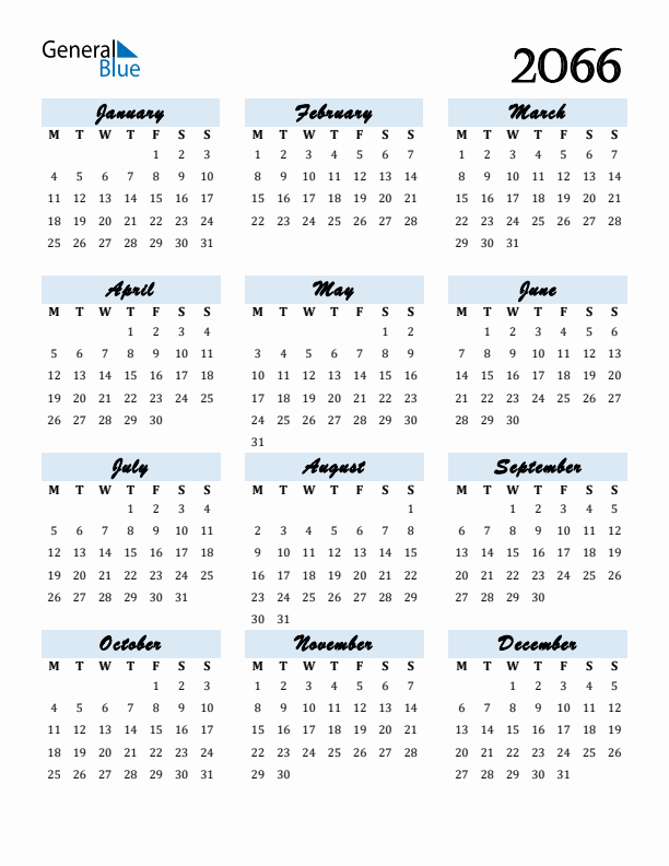 Calendar 2066 Free Download and Print