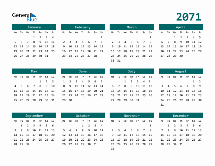 Downloadable 2071 Calendar