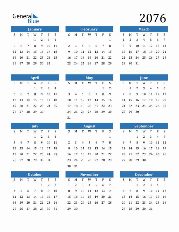 2076 Calendar