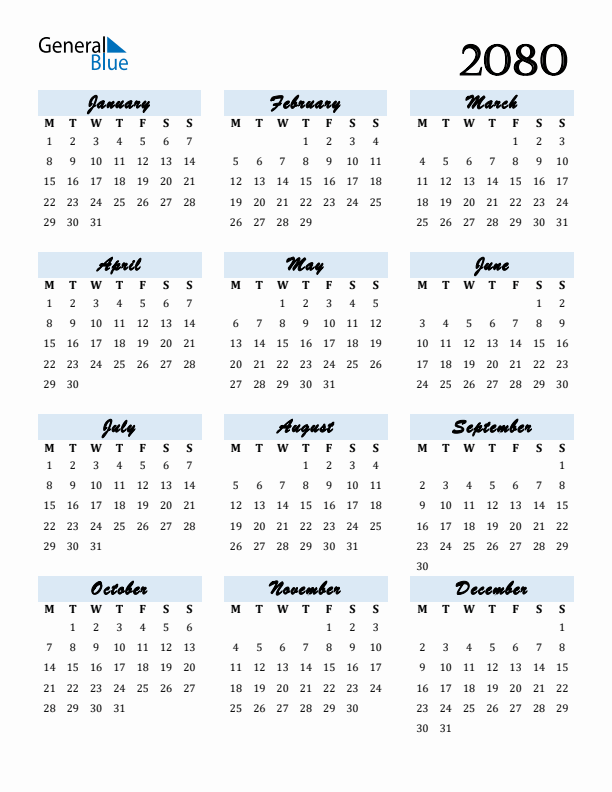 Calendar 2080 Free Download and Print