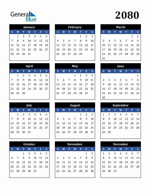 Editable Calendar 2080 - Sunday Start