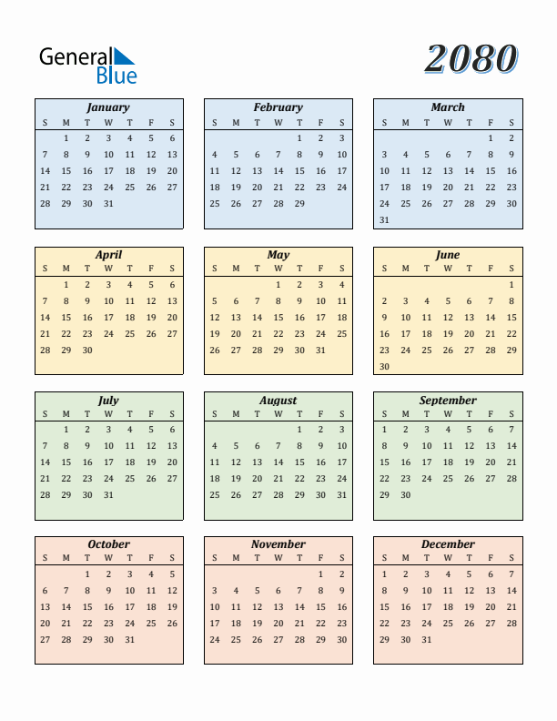 Calendar for 2080 (Sunday Start)