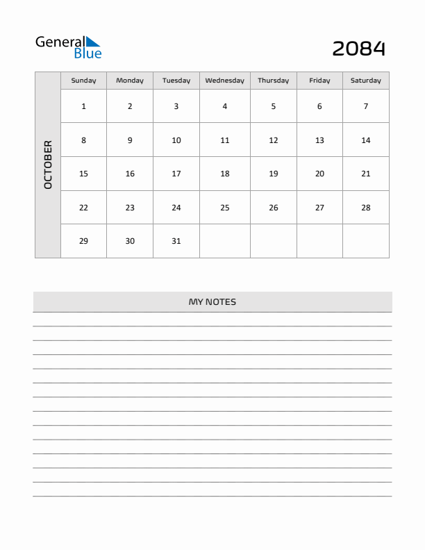 October 2084 Calendar Printable