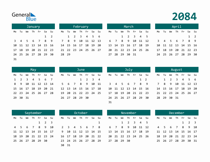 Downloadable 2084 Calendar