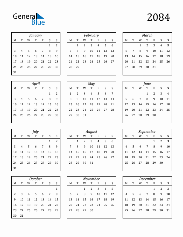 Blank Calendar 2084