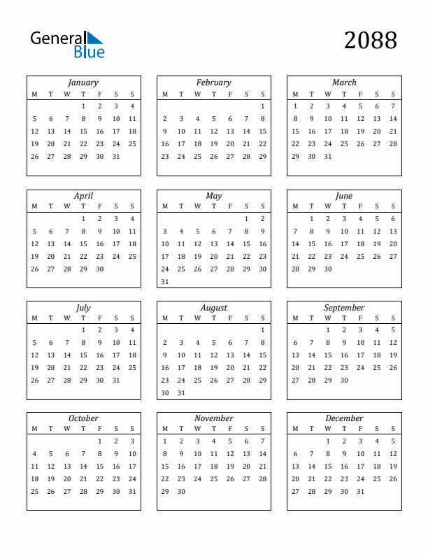 Blank Calendar 2088