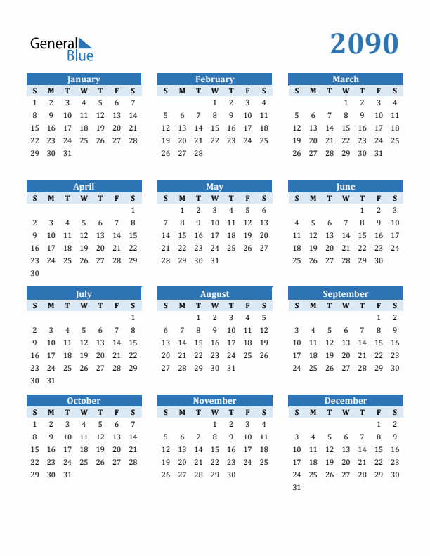 Free 2090 Year Calendar in PDF, Word, and Excel