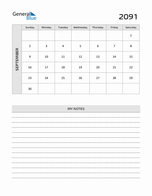 September 2091 Calendar Printable